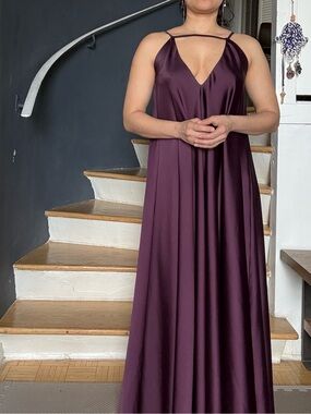 🇧🇷 Plum Satin Maxi Dress with Strappy V-Neck Custom made in Brazil Size S/M